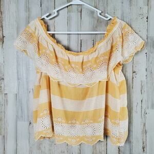 American Eagle Striped Off The Shoulder Eyelet Shirt Size Medium Yellow